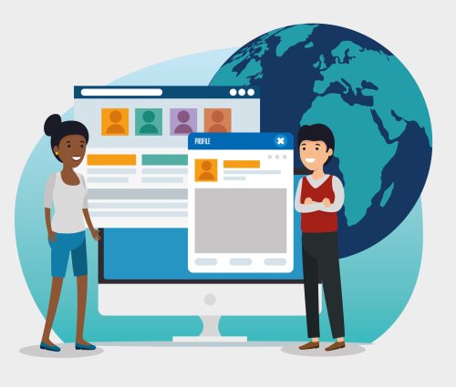 girl and boy with social profile message girl and boy with social profile message vector illustration